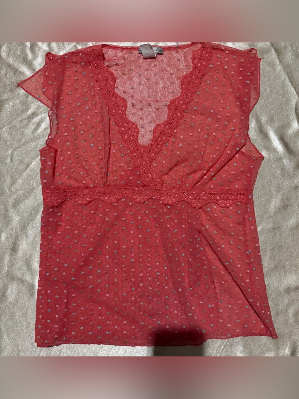 Vintage Y2K Moa Moa Sheer Mesh Lace Trim Top Cami pink Dotted size 2X